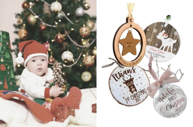 Christmas tree ornaments for baby's first Christmas, personalised Christmas tree baubles