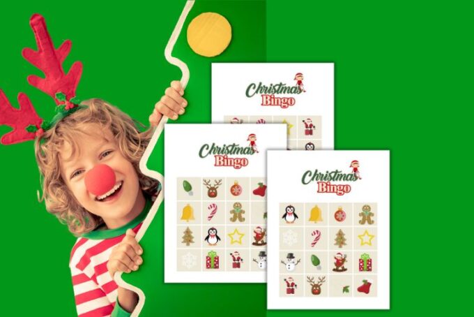 Free printable Christmas themed bingo cards with cute Christmas images.