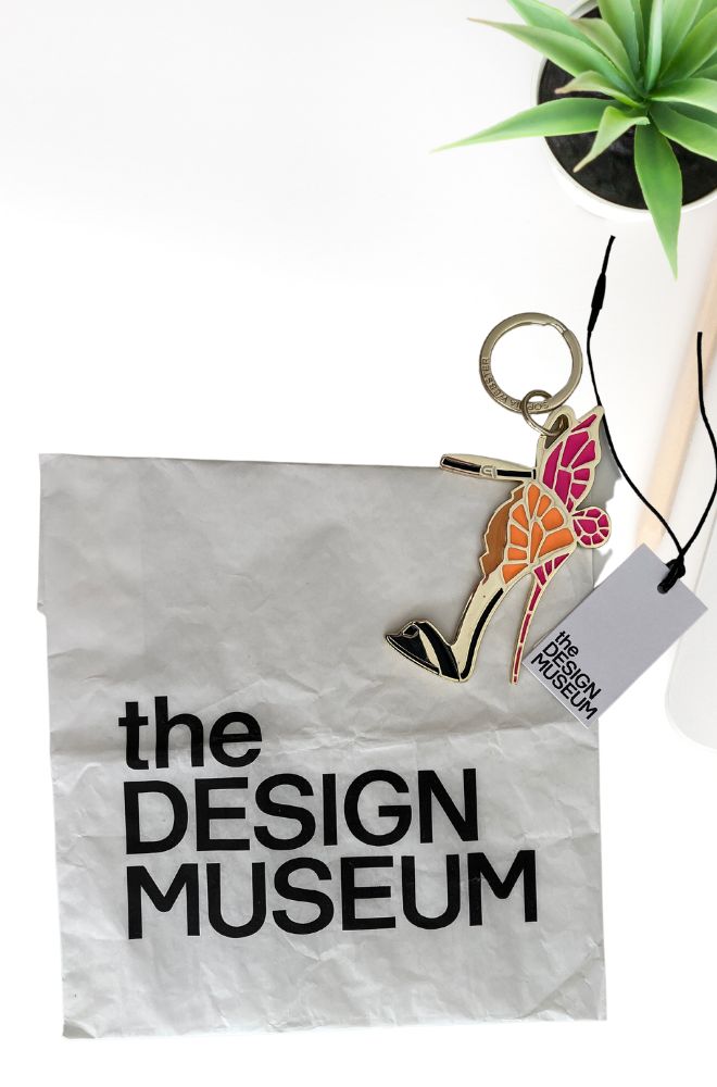 the design museum gift shop bag with Sophia Webster butterfly shoe keyring charm