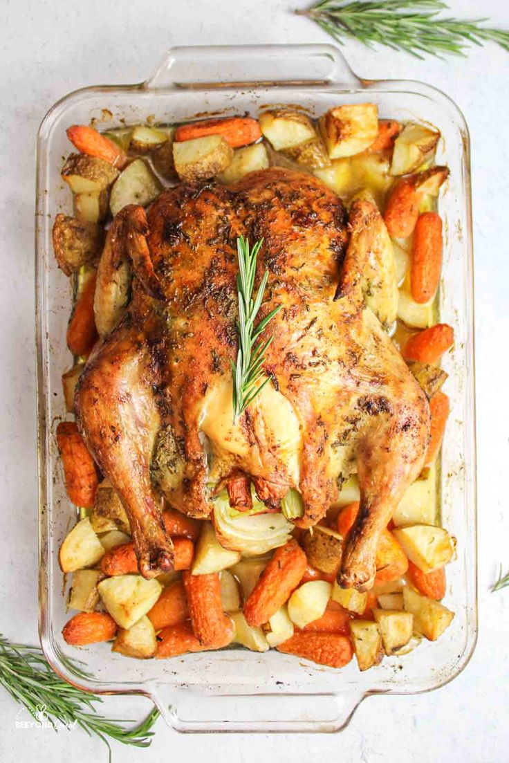 Image for Roasted Whole Chicken with Potatoes and Carrots | Recipe | Baked whole chicken recipes, Whole chicken recipes oven, Roasted chicken and potatoes