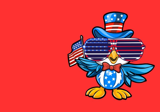 US Eagle Wearing 4th of JUly party sunglasses and waving stars and stripes flag