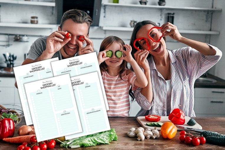 free grocery shopping list template, family in kitchen having fun holding vegetables up as glasses