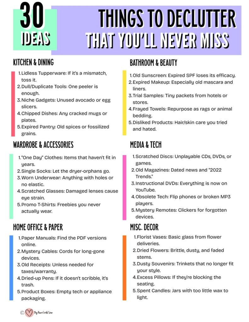 The Art of Letting Go: 30 Sneaky Clutter Culprits You’ll Never Actually Miss 3 30 Ideas: THings to declutter that you will never miss cheatsheet free printable PDF