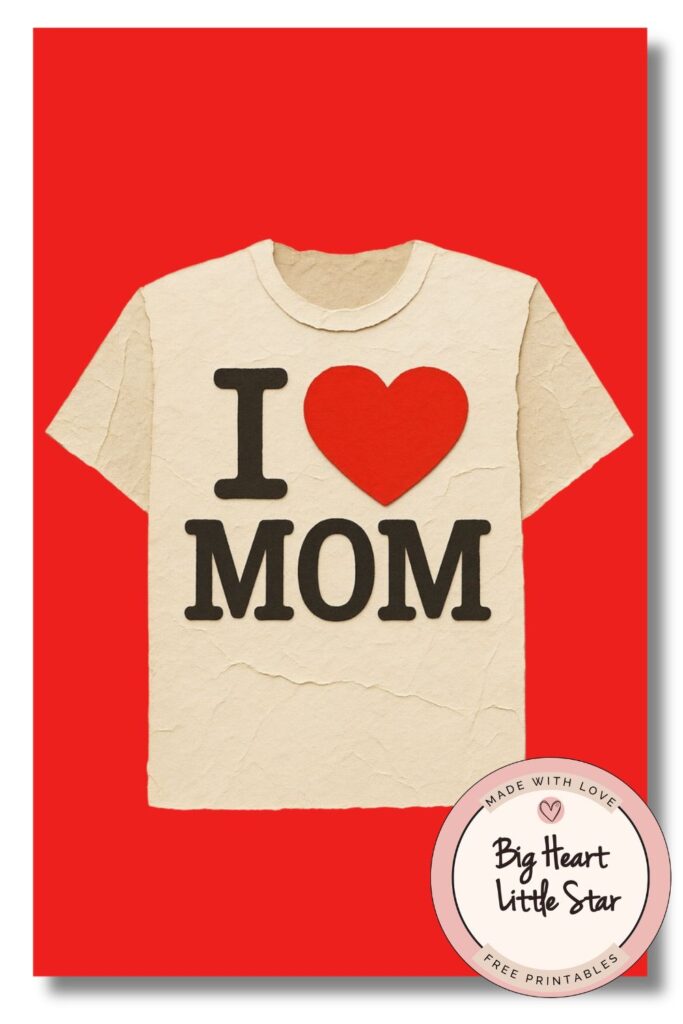 I Love Mom NYC Style T Graphic: A bold red Mother's Day card featuring a realistic paper-cut graphic of a cream-colored t-shirt with "I [Heart] MOM" printed on the front in a classic souvenir style.