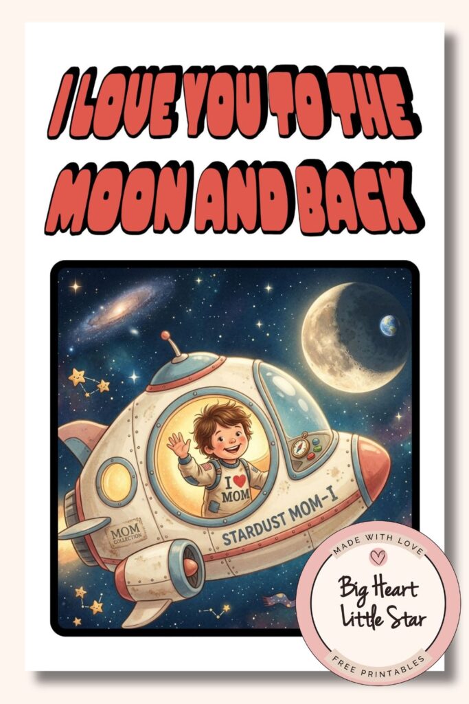10+ Best Free Printable Mother's Day Cards for 2026 7 I Love You To The Moon Cartoon: A cute, space-themed Mother's Day card showing a young boy in an astronaut suit waving from a rocket ship named "Stardust Mom-1" with the text "I LOVE YOU TO THE MOON AND BACK."