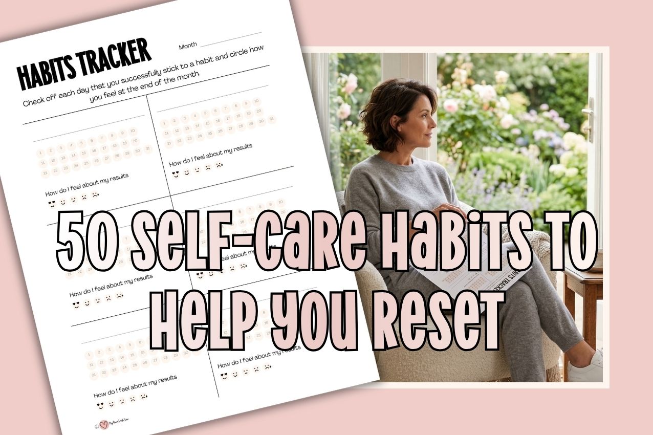 woman sitting in chair holding printable habits tracker, overlay of printable habits tracker on pink background