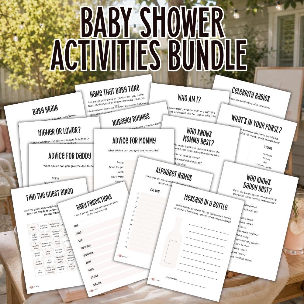 How To Plan A Low-Key Baby Shower That Still Feels Special 4 Printable Baby Shower Games Bundle by Big Heart Little Star against a low-key backyard Baby Shower decor image