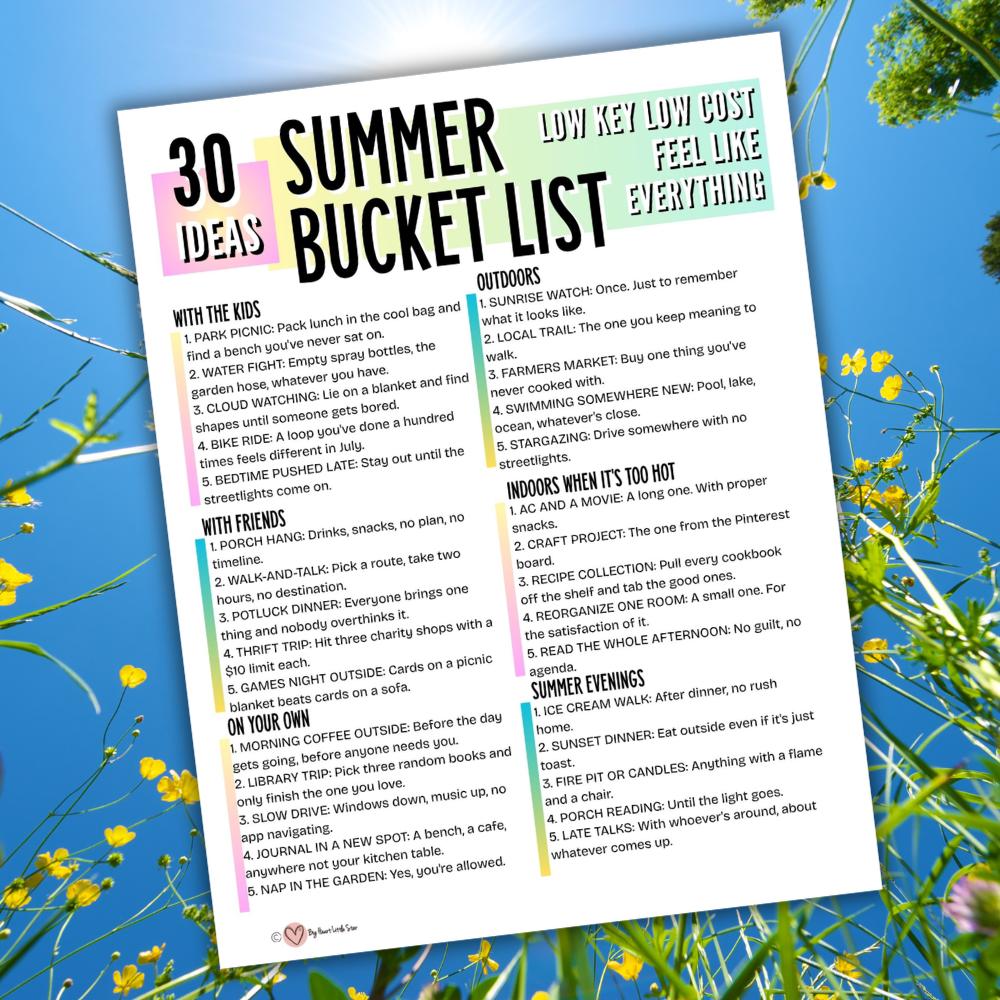 30 Summer Bucket List Ideas That Feel Like Everything (Low Key, Low Cost) 4 Summer bucket list ideas printable by big heart little star against blue sky background.
