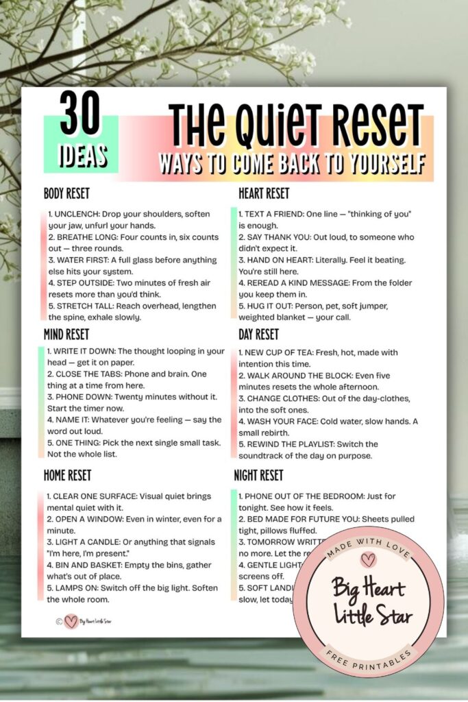 30 Quiet Reset Ideas: Small Ways to Come Back to Yourself 3 30 Ideas The QUiet reset printable on zen garden background