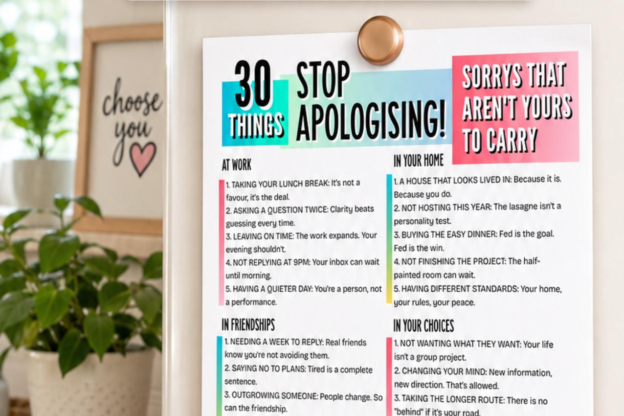 Free printable Things To Stop Apologizing For pinned to kitchen cupboard