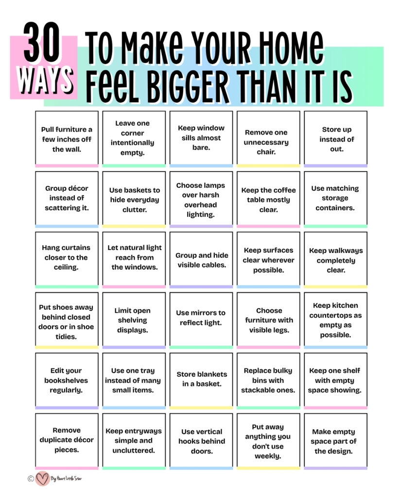 30 Ways To Make Your Home Feel Bigger Than It Is (Free printable) 1 30 Ways to make your home feel bigger than it is (Free printable checklist)