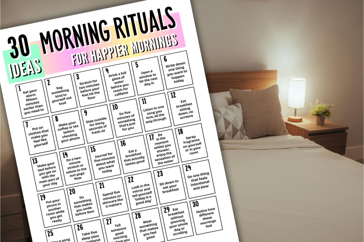 Freshly made bed with free printable Morning Rituals ideas printable overlaid