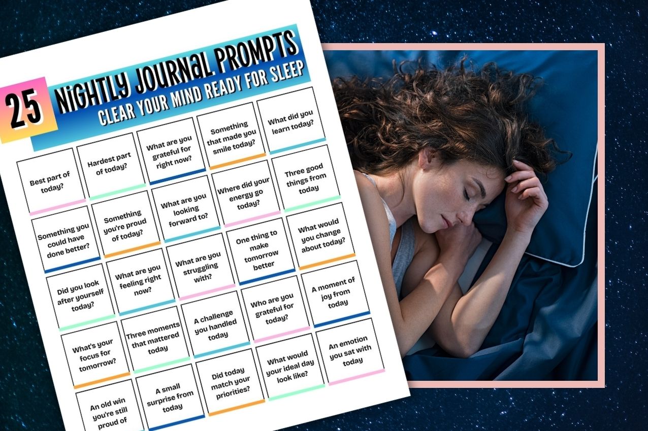 free printable nightly journal prompts to help you get to sleep overlaid on an image of a woman sleeping