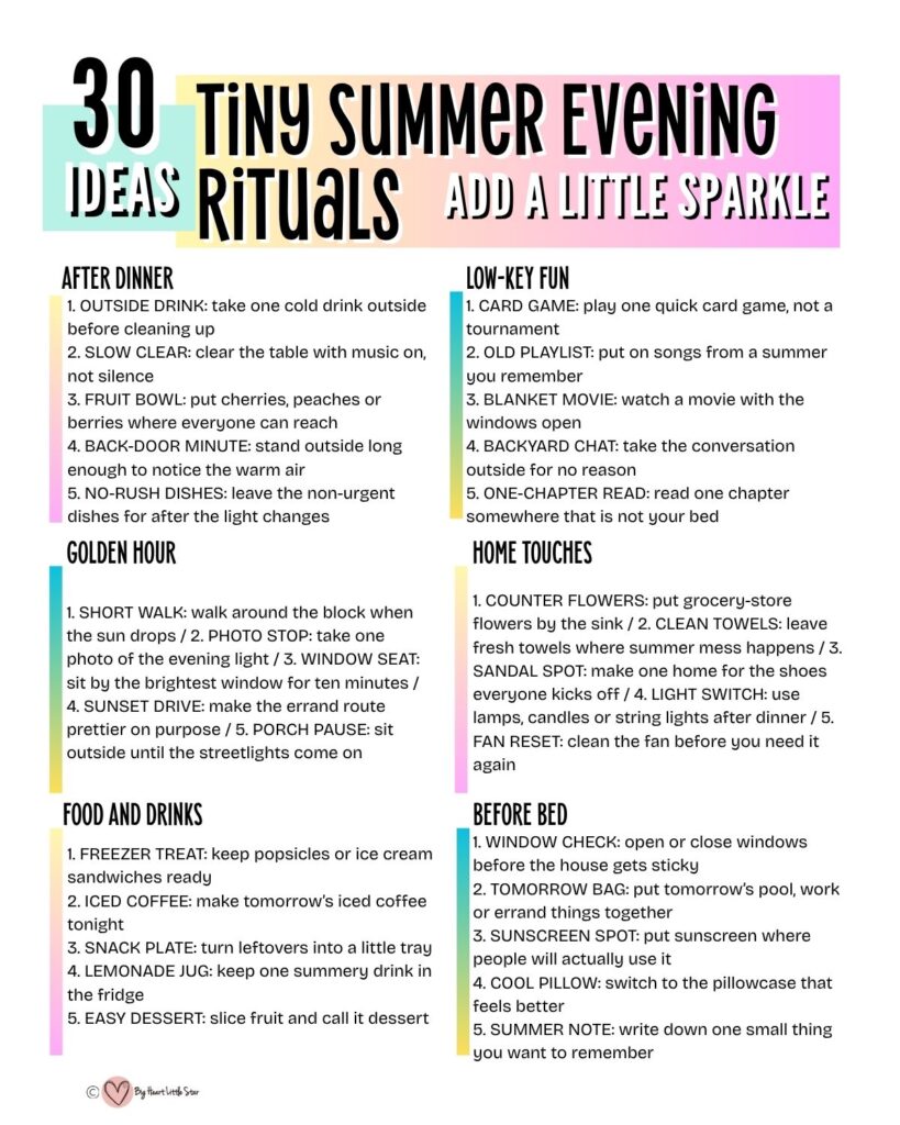 30 Tiny Summer Evening Rituals To Add A Little Sparkle To Your Days (Free printable) 1 Tiny summer evening rituals