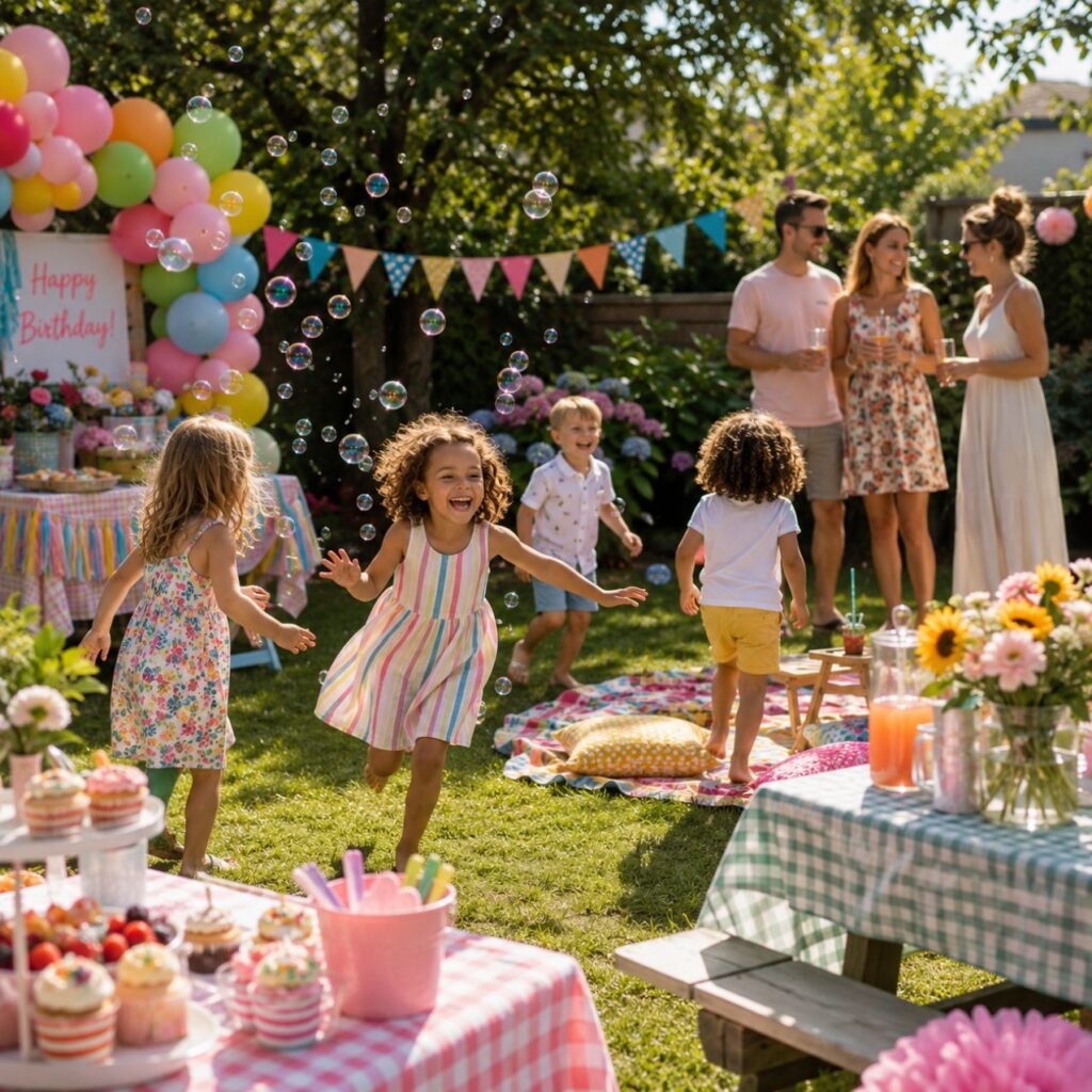29 Summer Party Themes For Kids, Teens And Adults 4 Kids enjoying a summer party in a backyard with parents in the background
