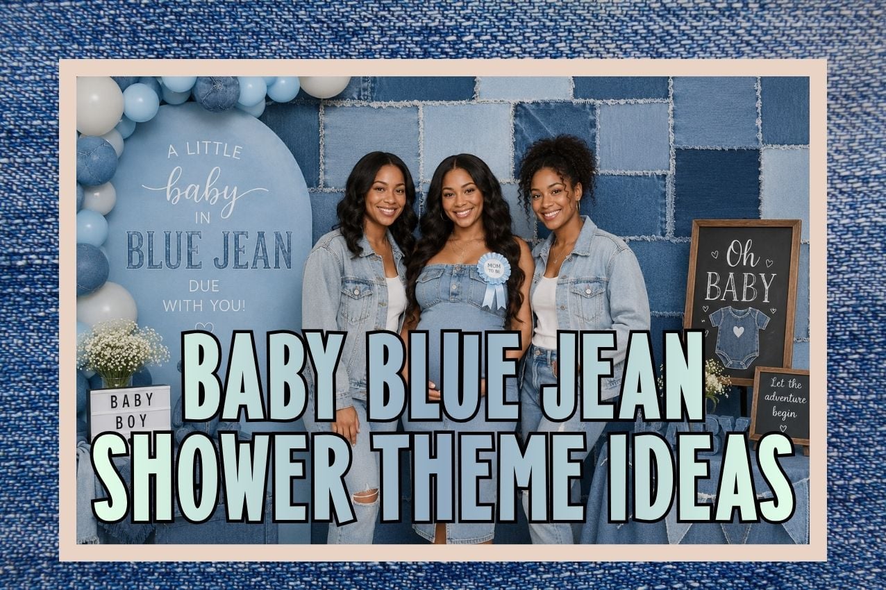 three women including mom to be at a blue jean baby shower theme baby shower