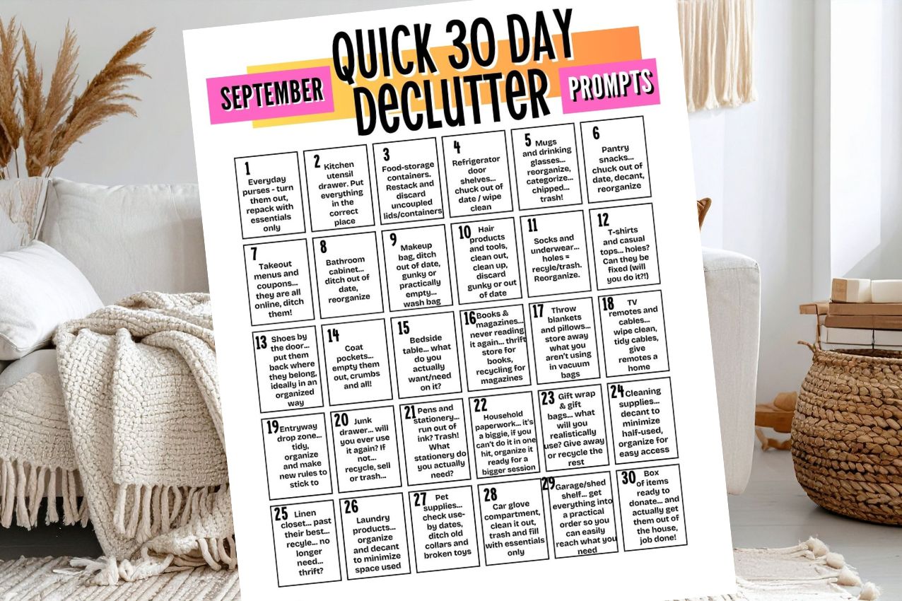 free printable September quick declutter prompts over background image of livingroom in fall shades