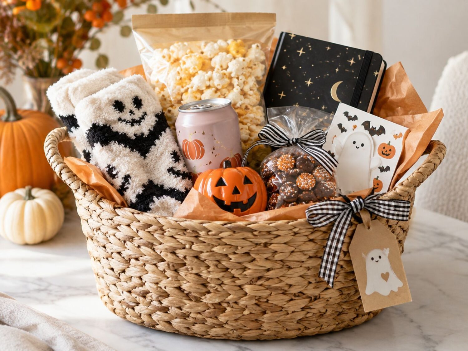 Halloween boo basket filled with snacks, cozy socks and small gifts