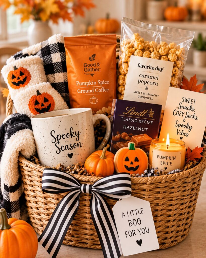 Boo Basket Ideas for Kids, Teens and Friends 6 Halloween boo basket for a friend with coffee, popcorn, chocolate and a mug
