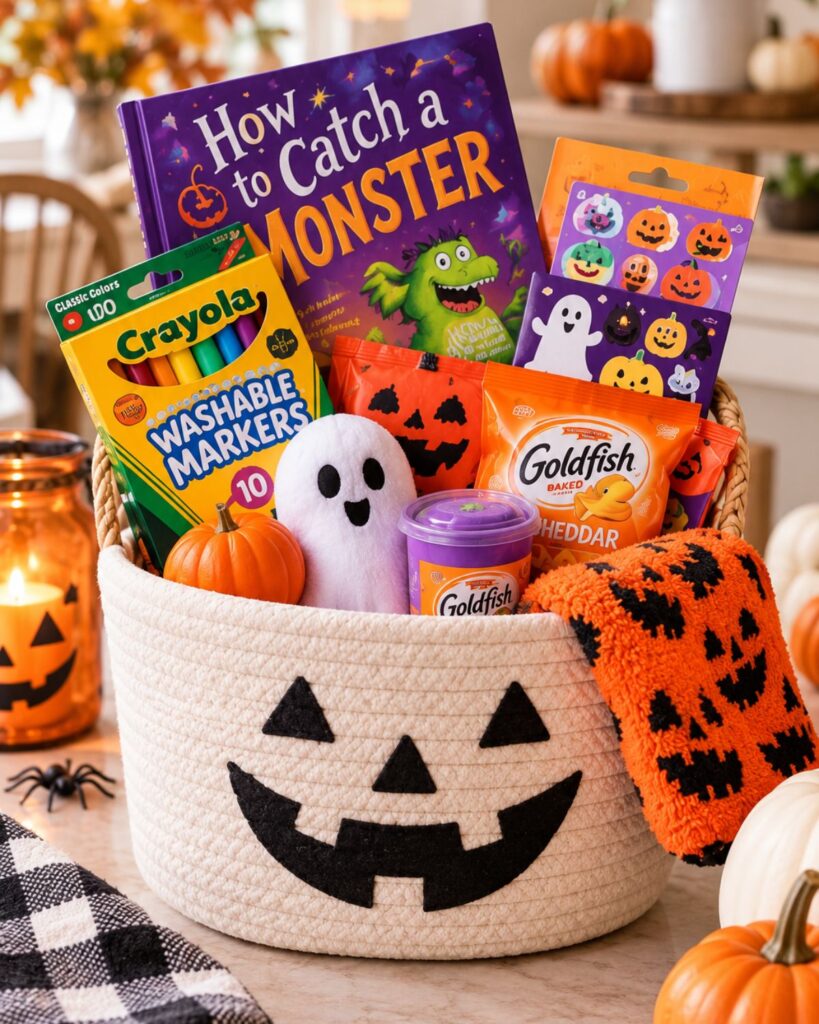 Boo Basket Ideas for Kids, Teens and Friends 3 Kids Halloween boo basket with a book, markers, stickers and snacks