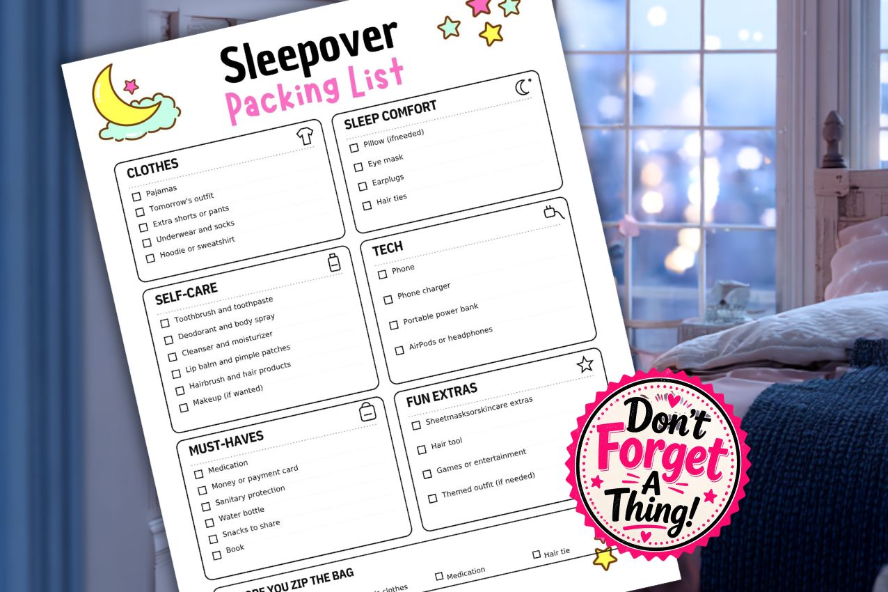 free printable sleepover packing list for kids and teens, overlaid over an image of a teen bedroom