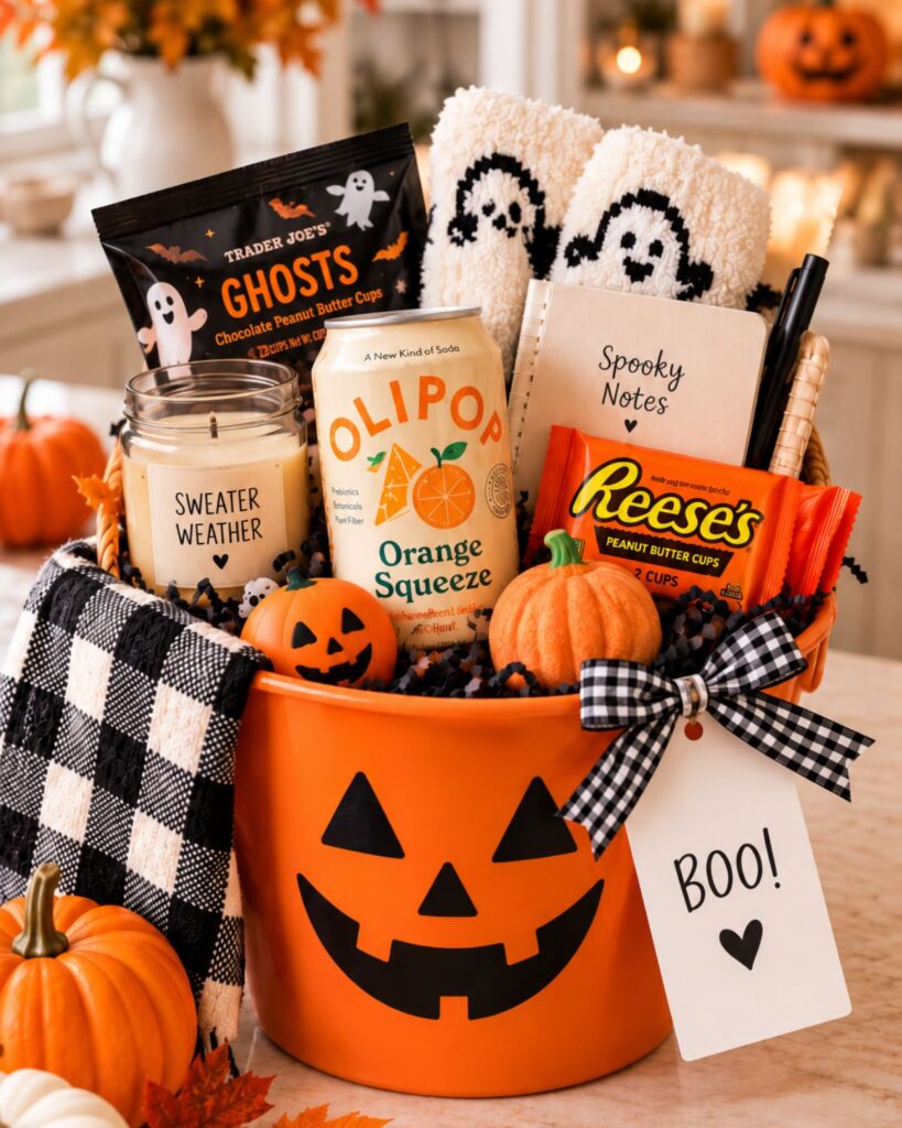 Boo Basket Ideas for Kids, Teens and Friends 5 Teen Halloween boo basket with snacks, soda, socks and a notebook