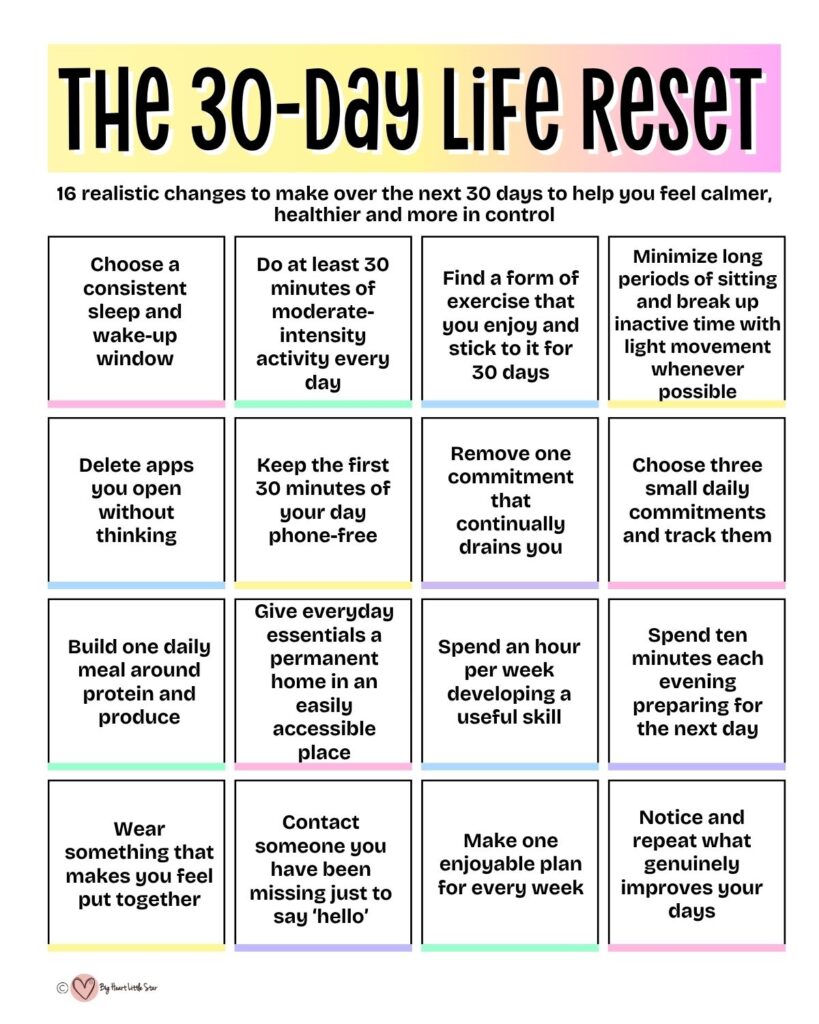 The 30-Day Life Reset: 16 Realistic Ideas To Feel Calmer And More In Control 3 The 30-Day Life Reset free printable of 16 ideas to uplift your life.
