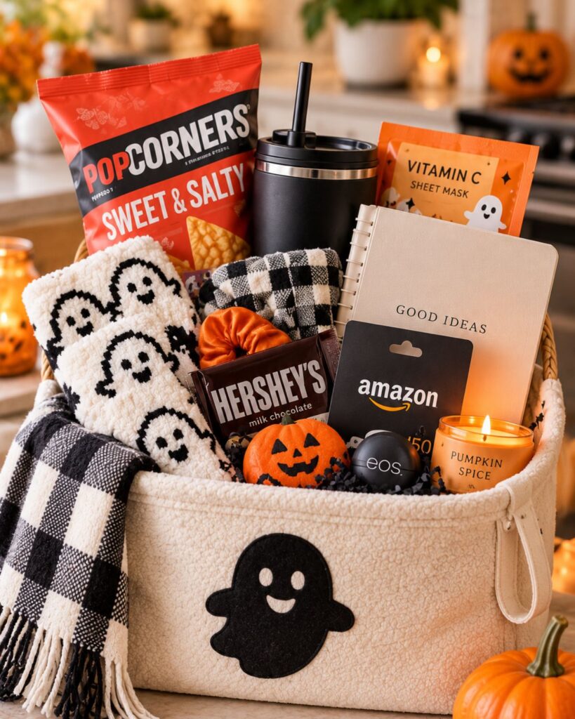 Boo Basket Ideas for Kids, Teens and Friends 4 Tween boo basket with popcorn, a drink, notebook and gift card
