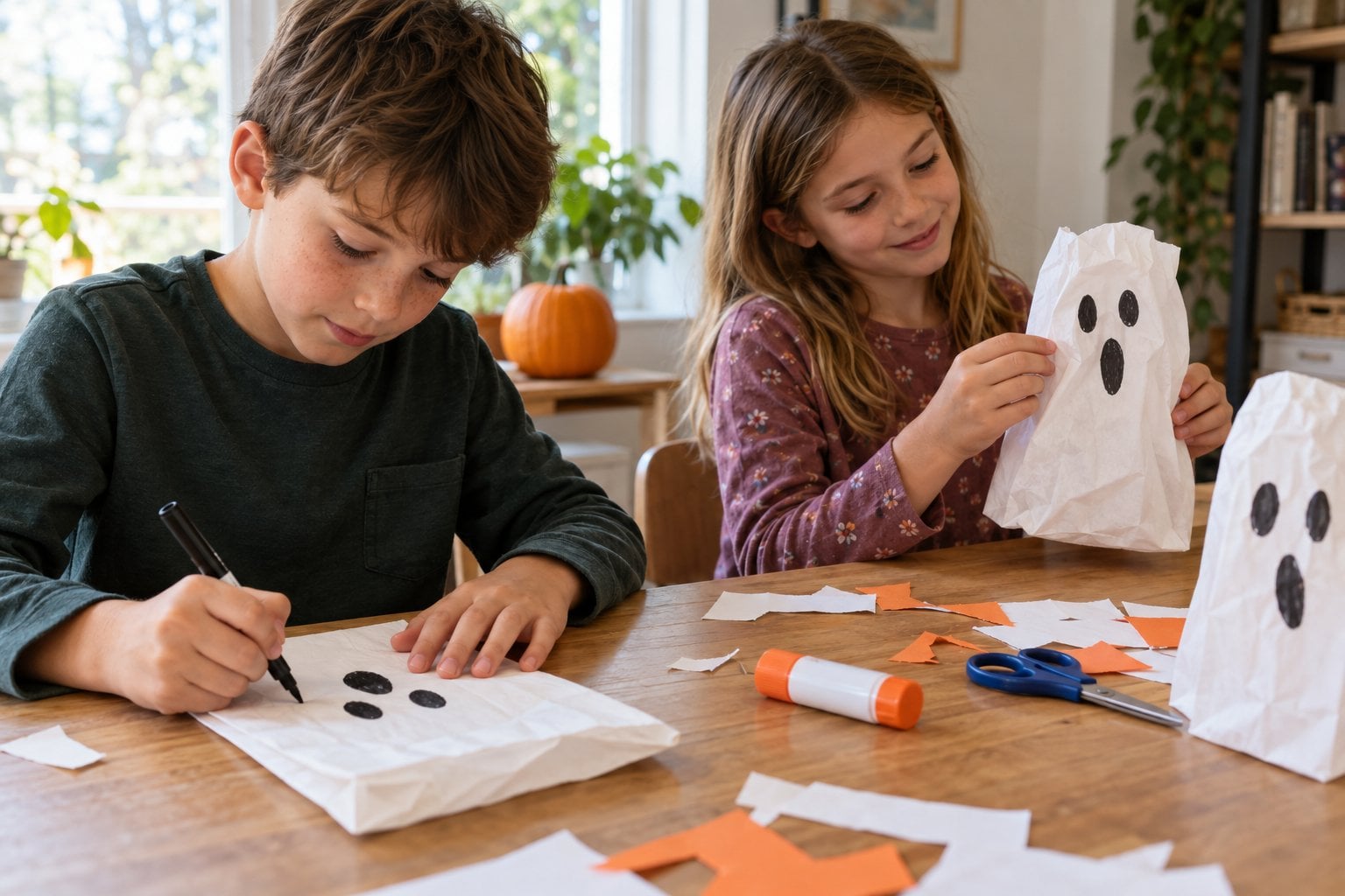 Two school-age children making white paper bag ghosts at a craft table.
