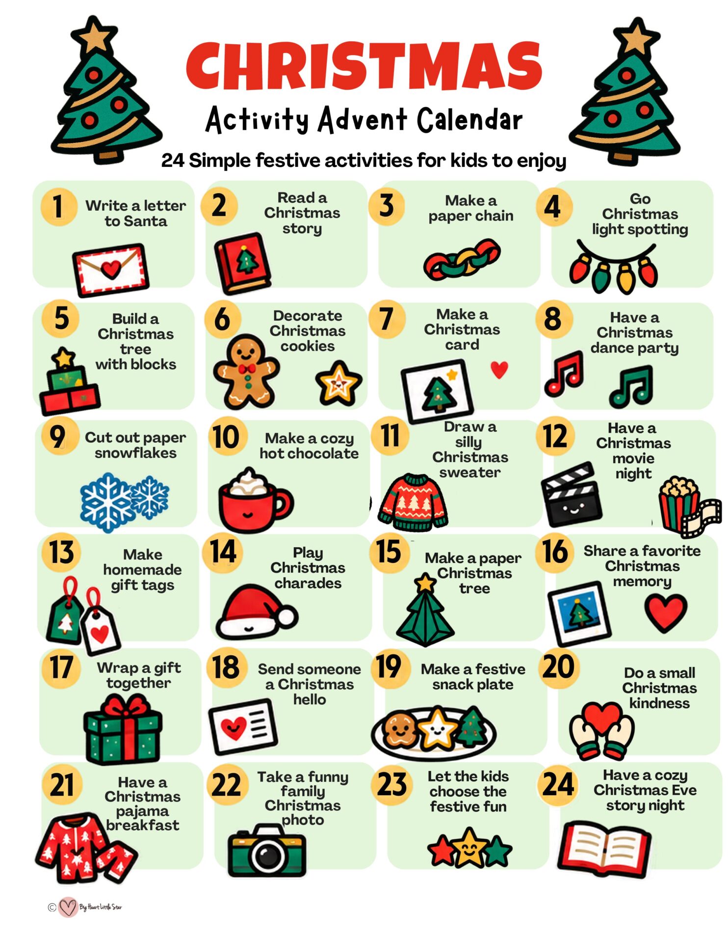 24 Advent Calendar Activities for Kids Ages 3–8 + Free Printable 2 Christmas Activity Advent Calendar with 24 festive activities for kids