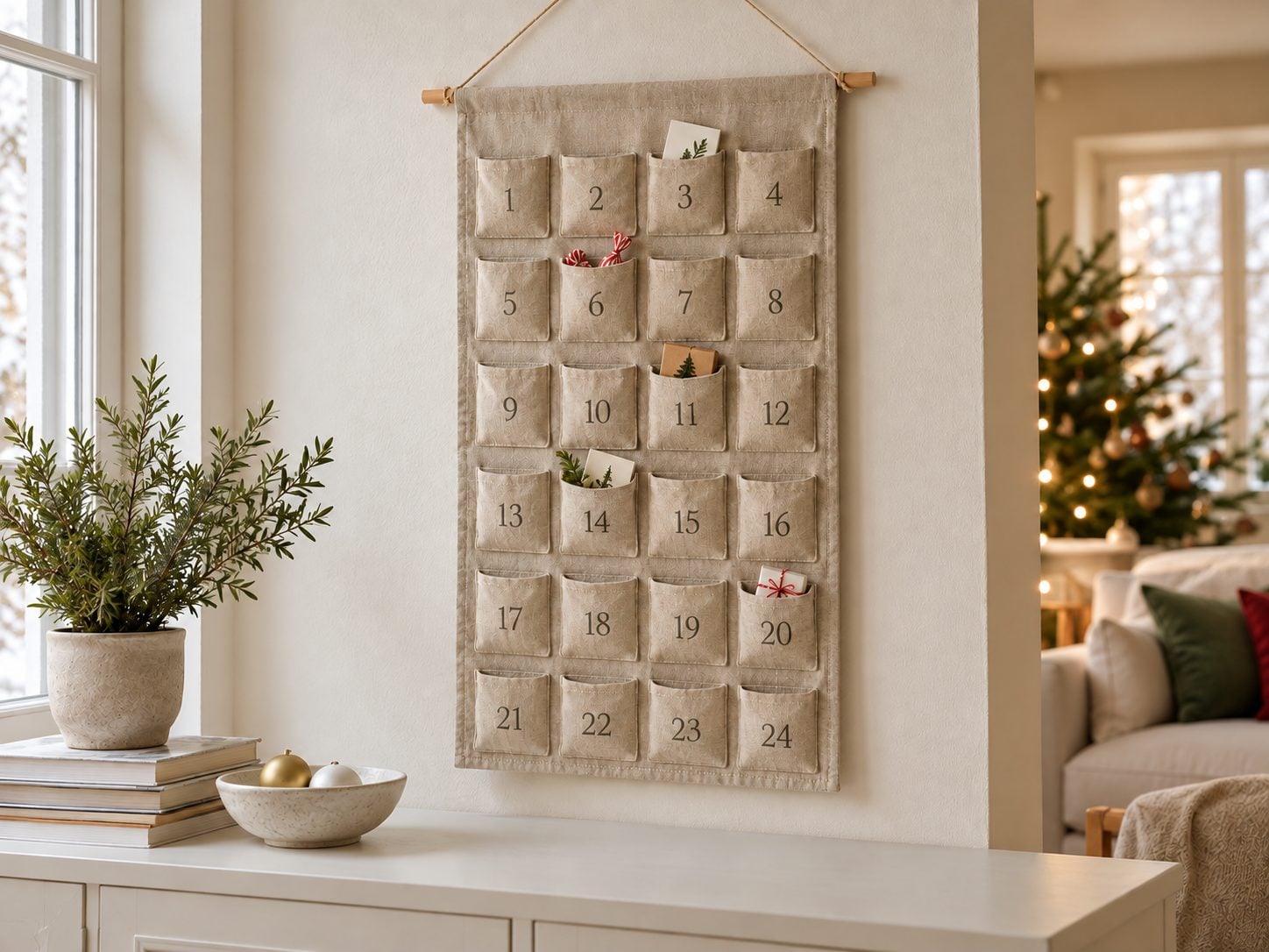 A reusable linen Advent calendar displayed in a softly styled Scandinavian living room