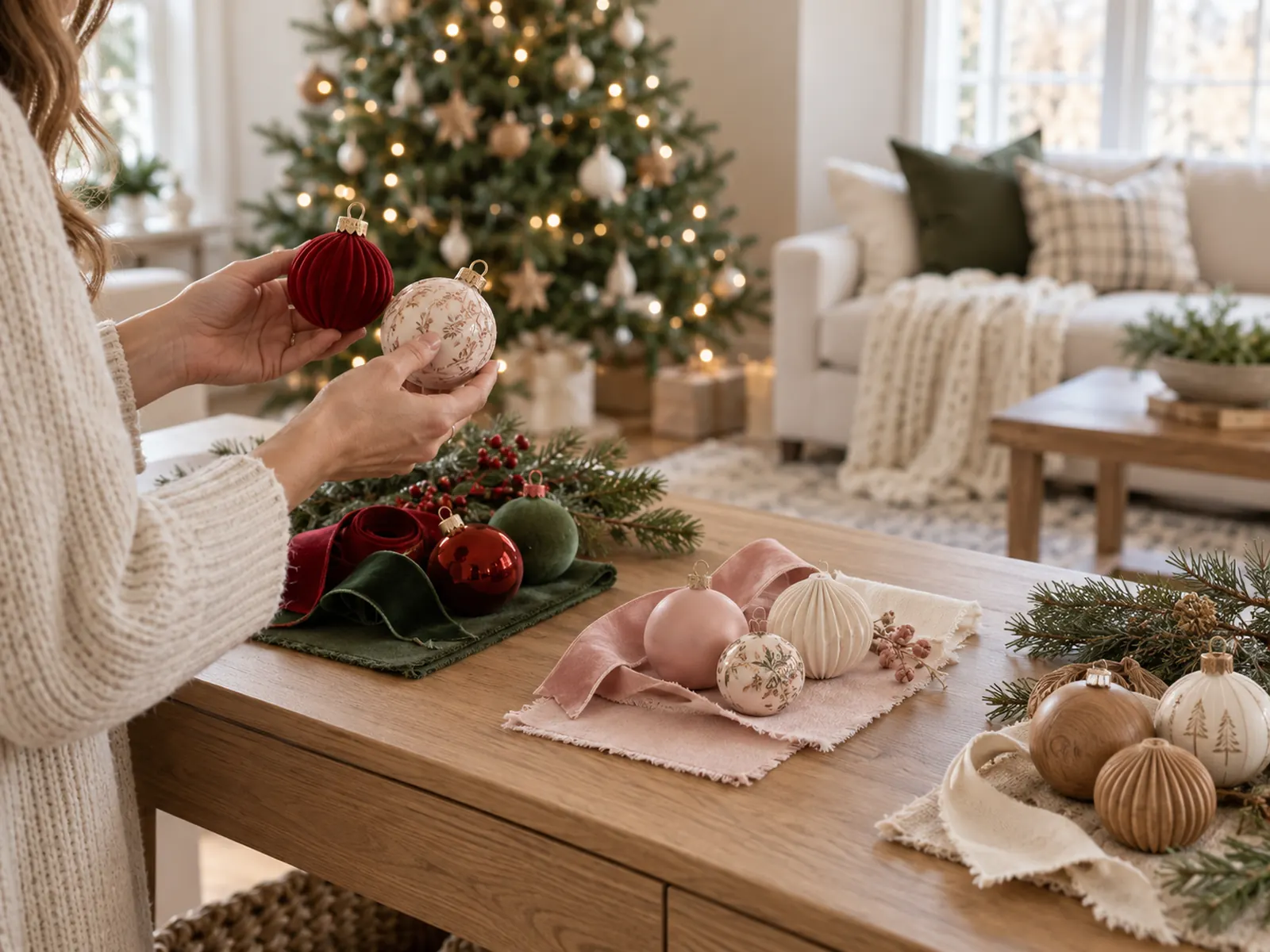 Hands comparing red and cream Christmas ornaments beside a natural tree and curated pink, green and wood decor palettes.