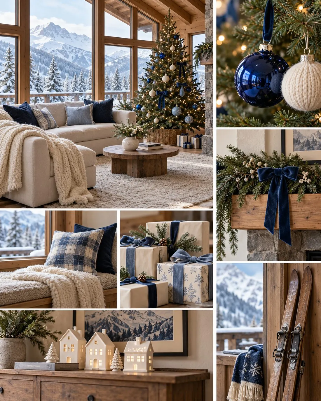 9 Christmas Decor Trends for 2026 to Try at Home 7 Blue and cream Christmas decor collage in a ski chalet, with a tree, blue glass ornaments, cream textiles and subtle winter details.