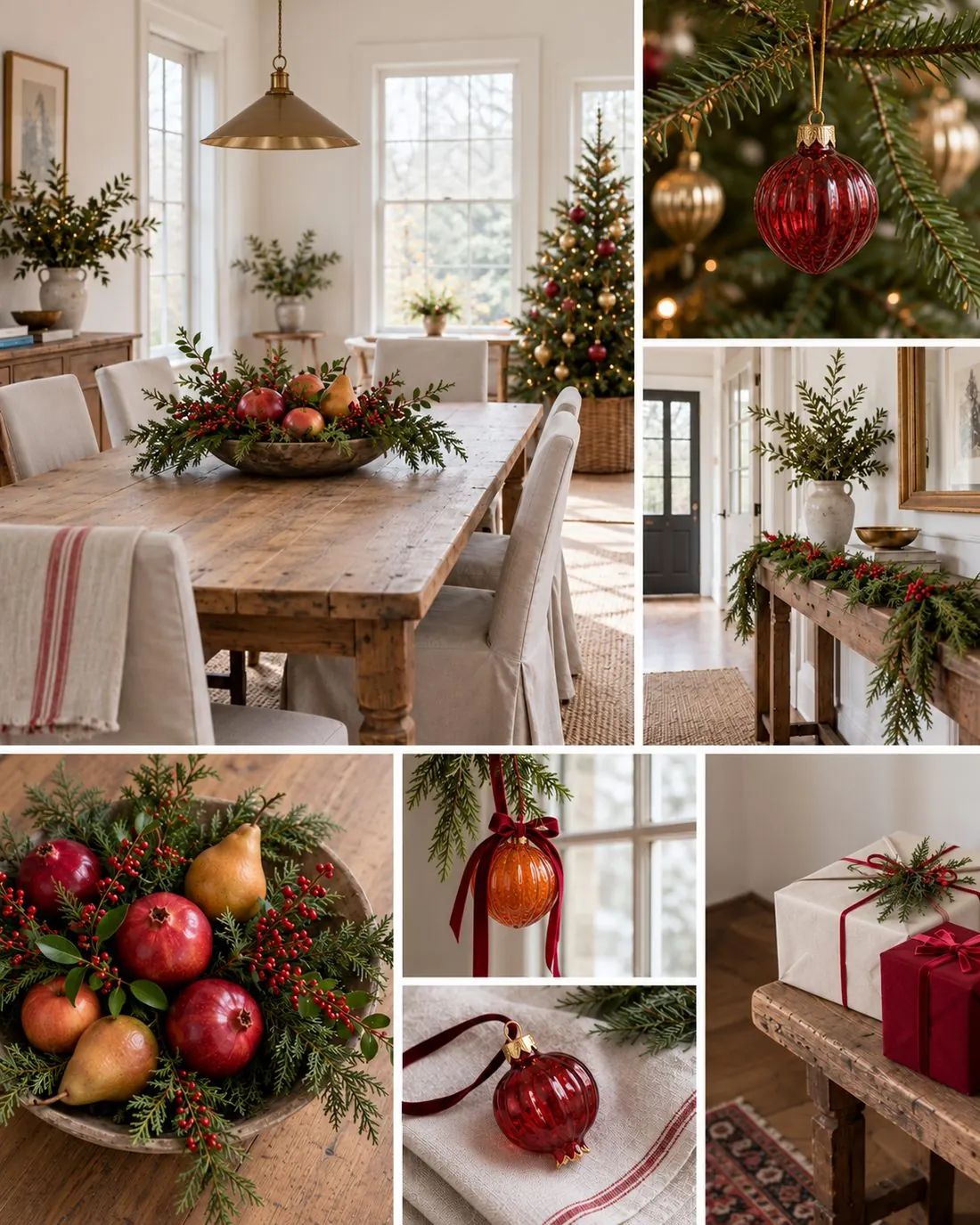 9 Christmas Decor Trends for 2026 to Try at Home 3 Christmas decor collage with fresh fruit in a centerpiece and glass fruit ornaments on a tree, alongside evergreen branches and berries.