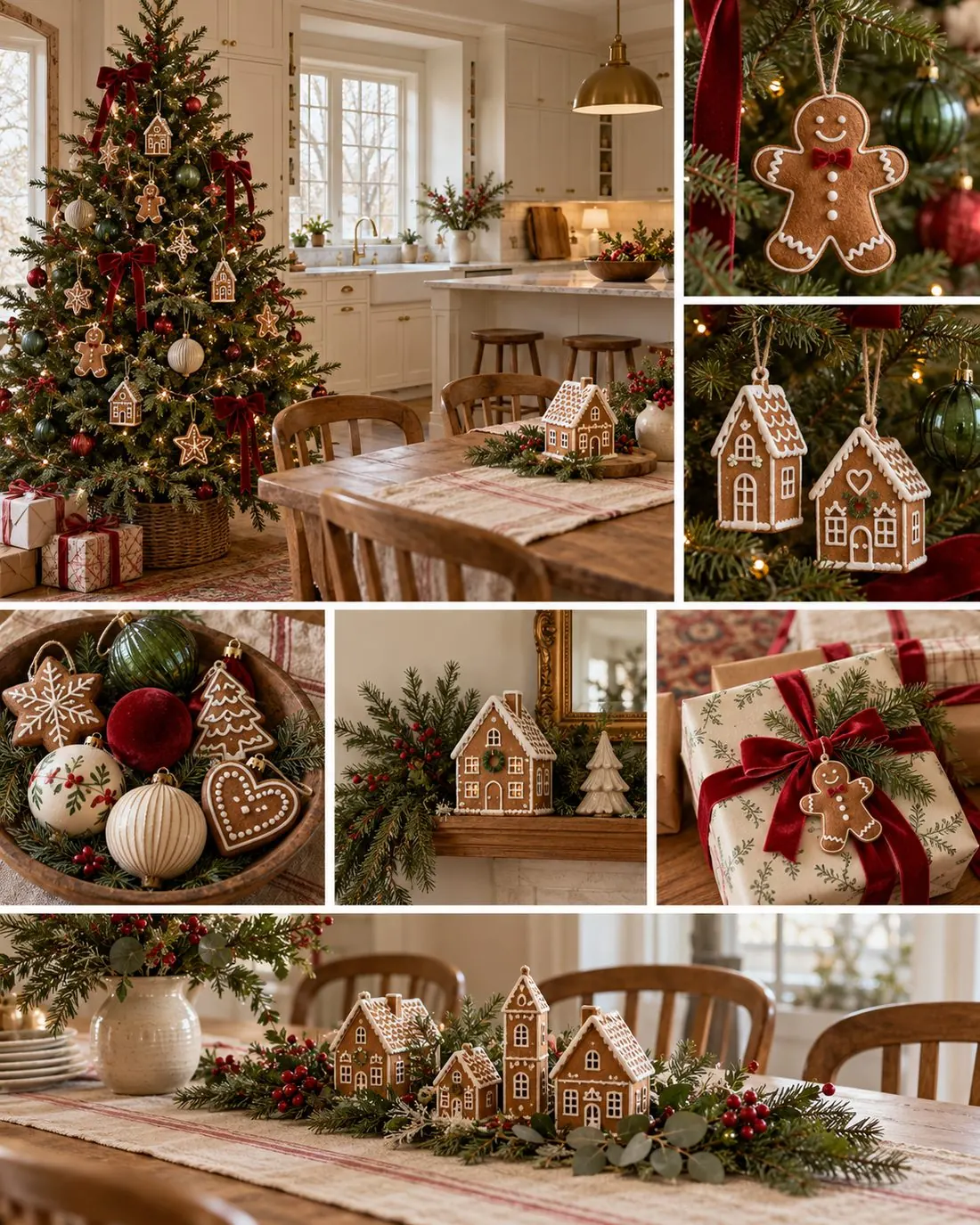 9 Christmas Decor Trends for 2026 to Try at Home 2 Christmas decor collage with gingerbread-inspired tree ornaments, a gingerbread house centerpiece, greenery, red ribbon, and warm kitchen details.