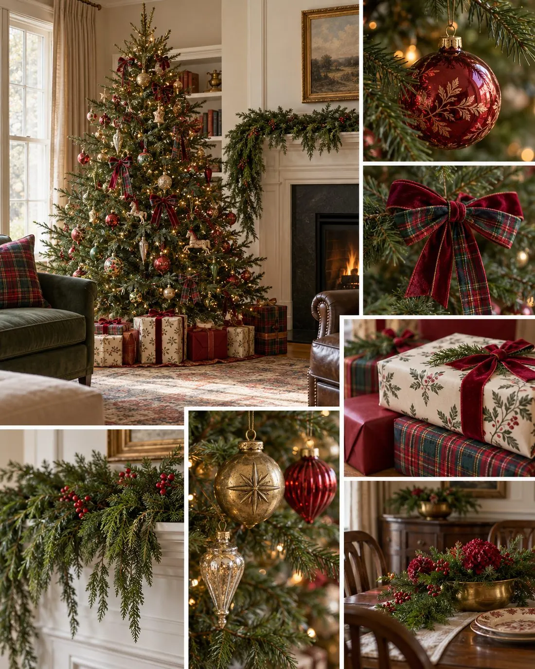 9 Christmas Decor Trends for 2026 to Try at Home 5 Christmas decor collage with a heritage tree featuring red and green ornaments, tartan, ribbon, greenery and champagne gold accents.