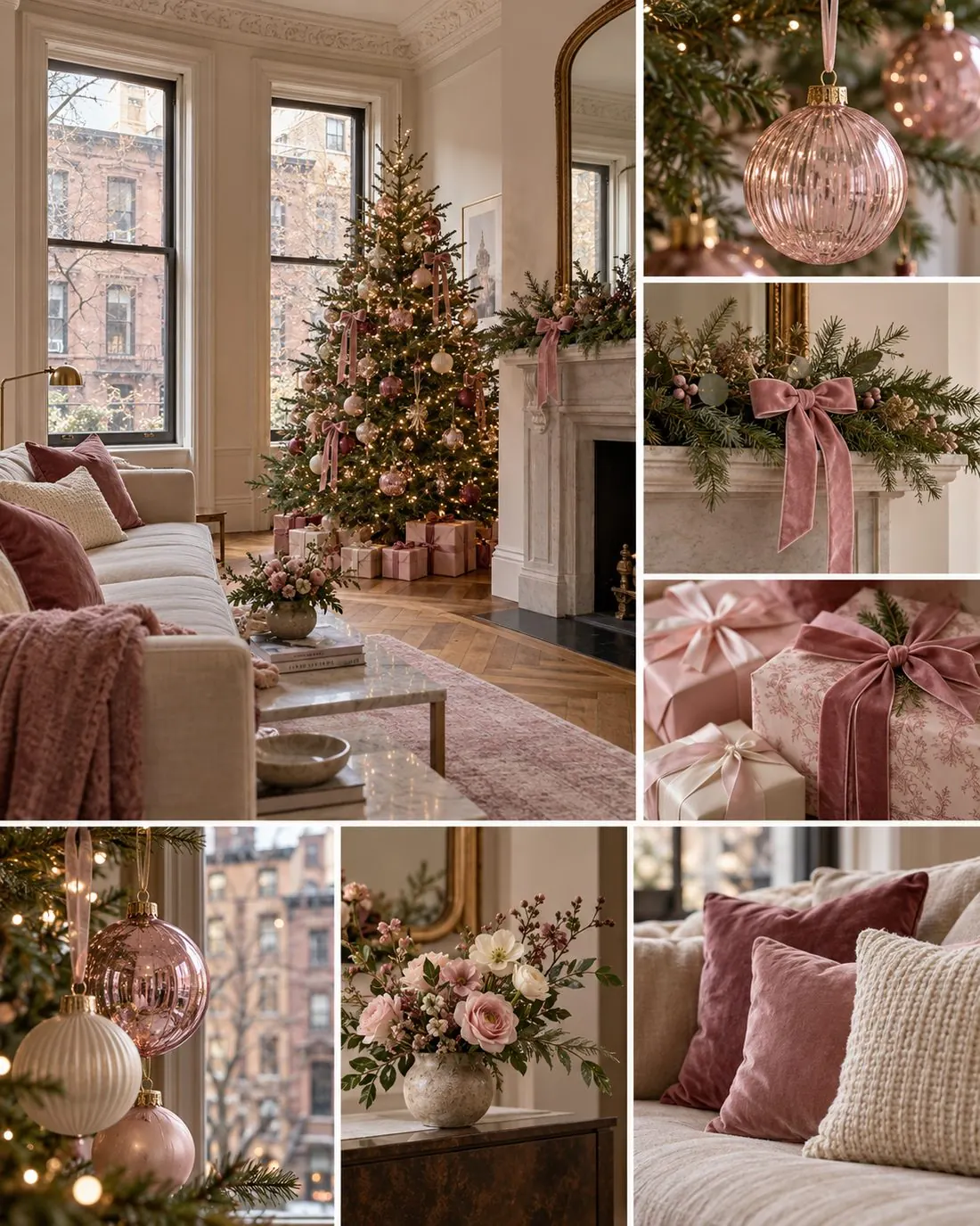 9 Christmas Decor Trends for 2026 to Try at Home 8 Pink Christmas decor collage in a Manhattan brownstone living room with blush ornaments, velvet ribbon, cream textiles and classic architecture.