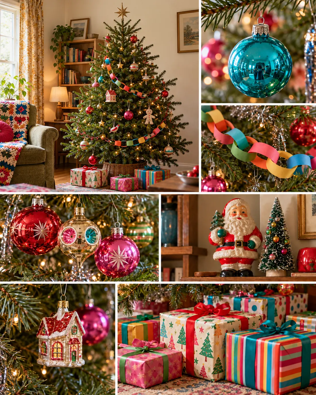 9 Christmas Decor Trends for 2026 to Try at Home 4 Colorful vintage-inspired Christmas collage with a pared-back living room tree, paper-chain garland, nostalgic ornaments, and playful details.