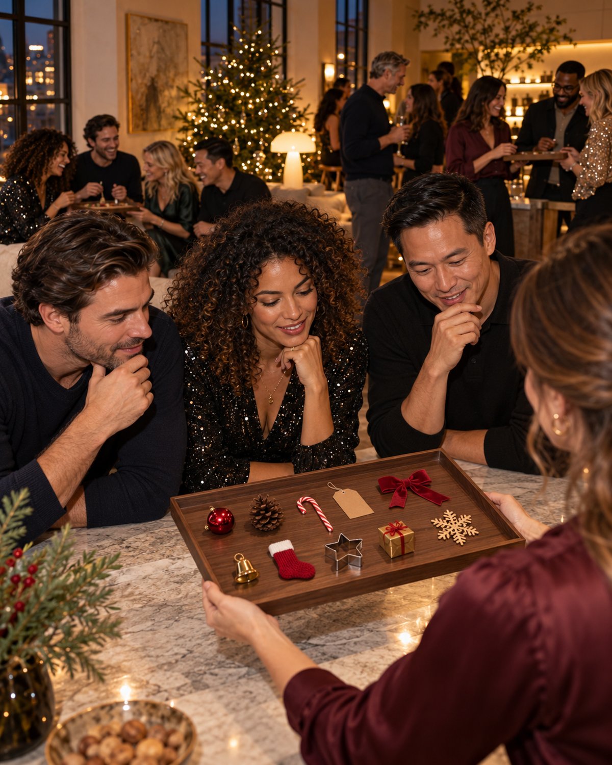 24 Christmas Party Games for Large Groups 10 Party guests studying Christmas objects on a tray during a memory game