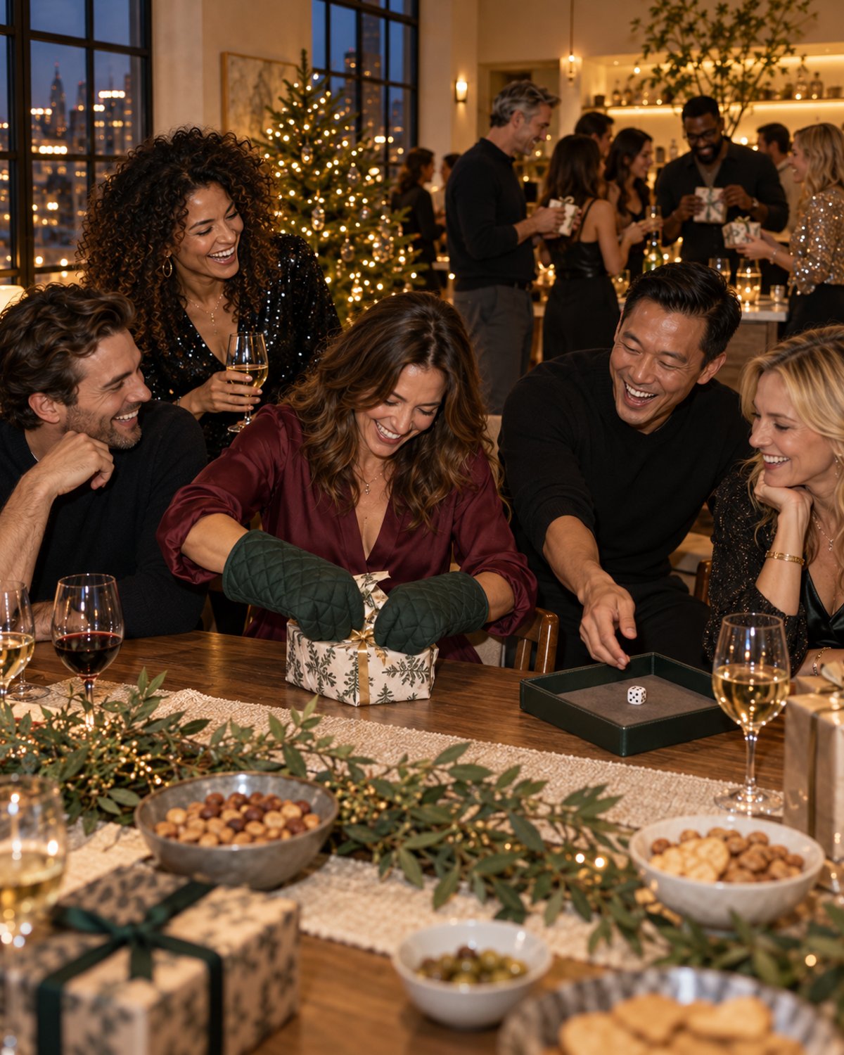 24 Christmas Party Games for Large Groups 16 Guest unwrapping a Christmas gift in oven mitts while a friend rolls a die