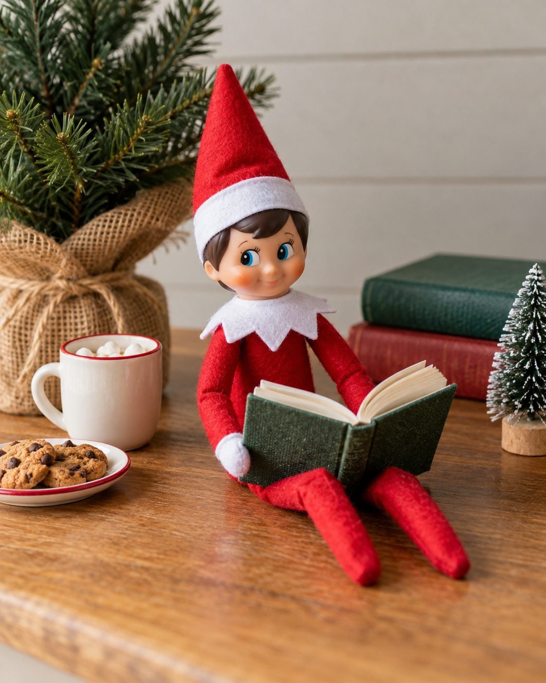 The Elf on the Shelf 24-Day Ultimate Kit: What’s Included and How to Use It 4 A red-suited Scout Elf in a simple scene with a small book and a few props