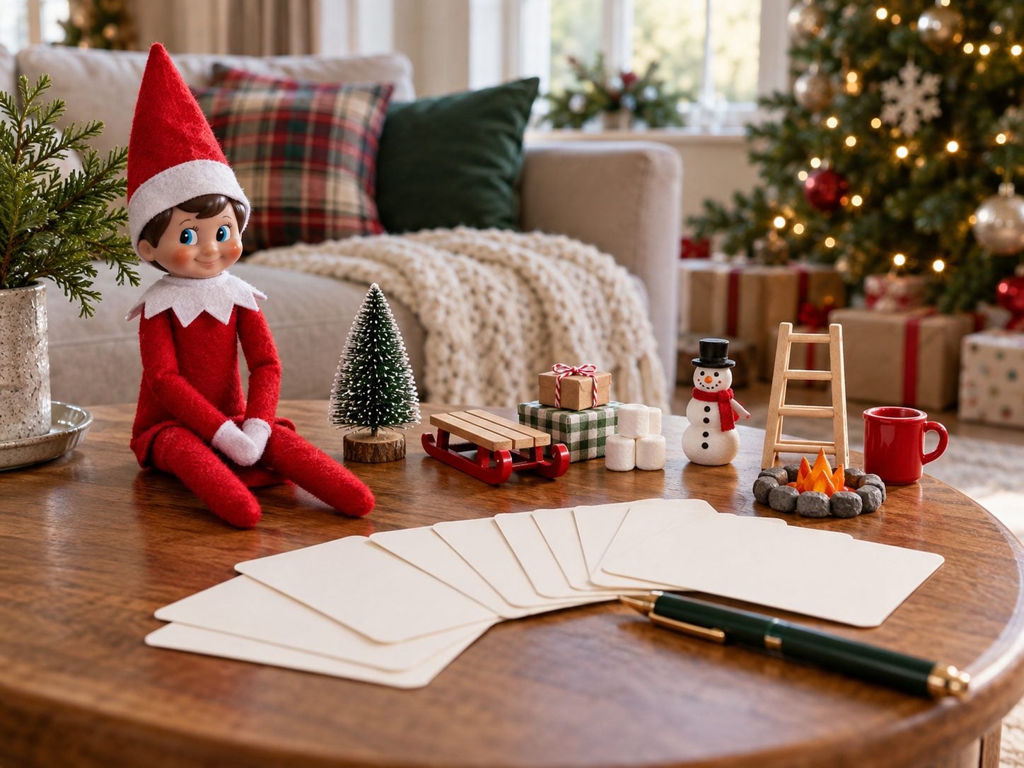 A red-suited Scout Elf beside neatly arranged miniature scene props on a Christmas side table