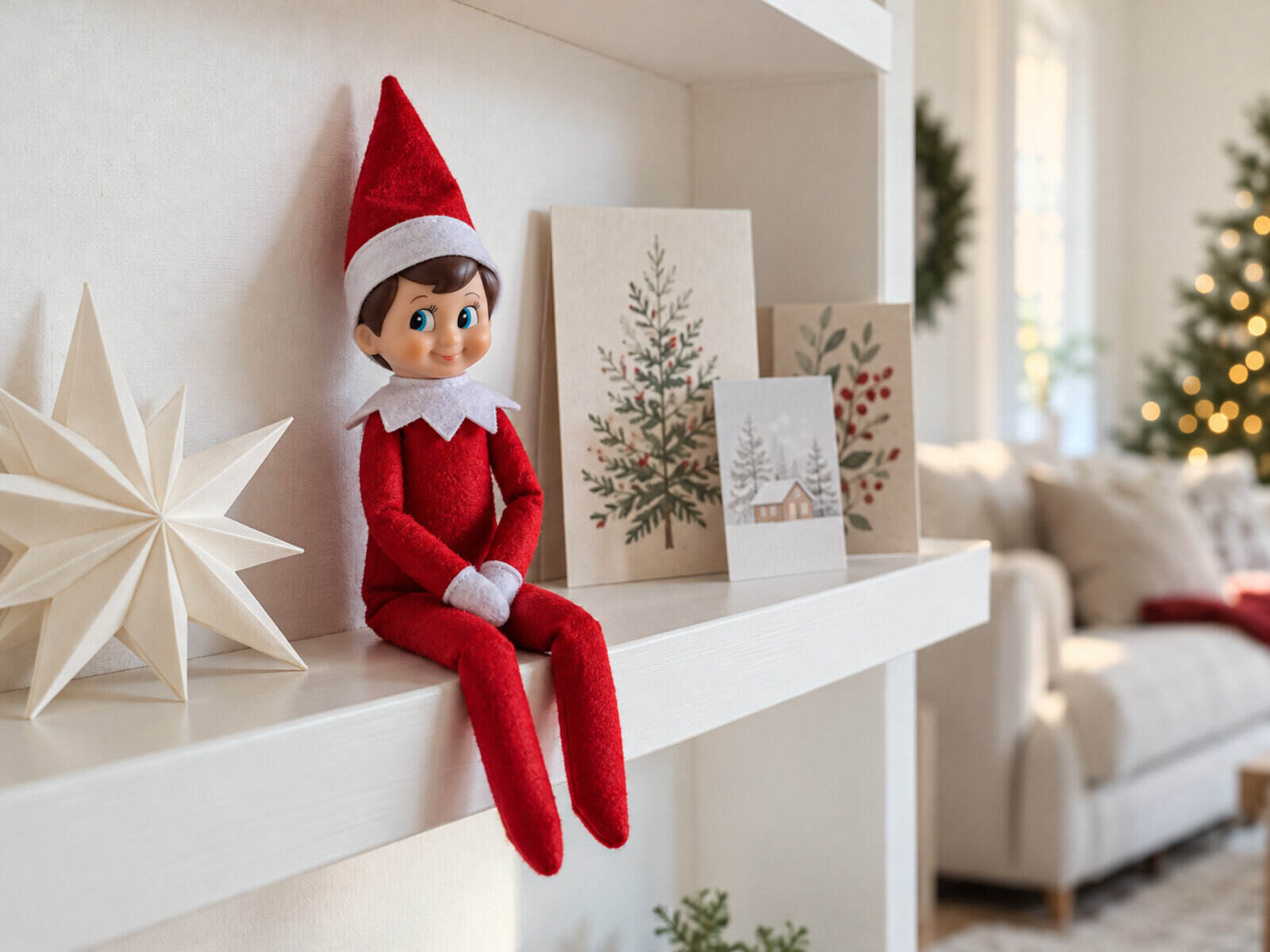 Red Christmas elf doll sitting on a white shelf in a bright Scandinavian living room