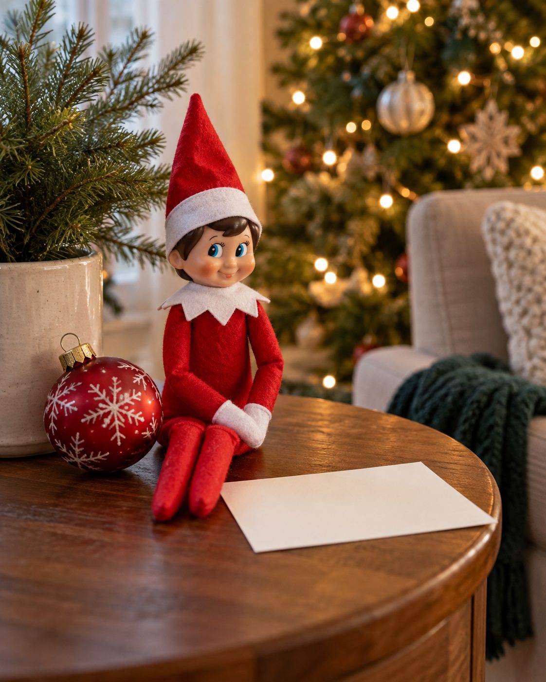 Elf on the Shelf Goodbye Ideas: Easy Last-Day and Christmas Eve Setups 2 A simple Scout Elf farewell setup with a blank note and a Christmas ornament