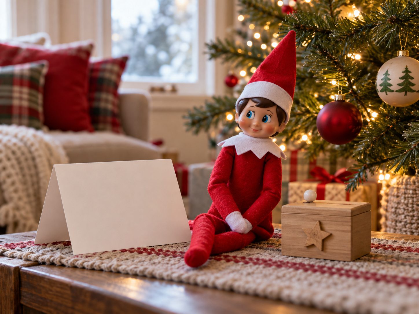 A red-suited Scout Elf beside a blank farewell card near a Christmas tree