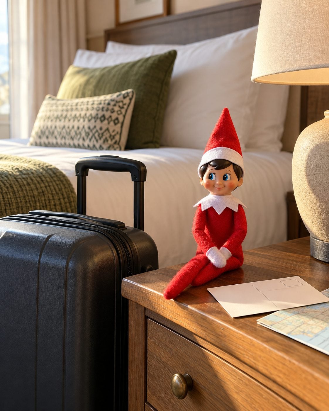 Elf on the Shelf beside a suitcase and travel map in a hotel room