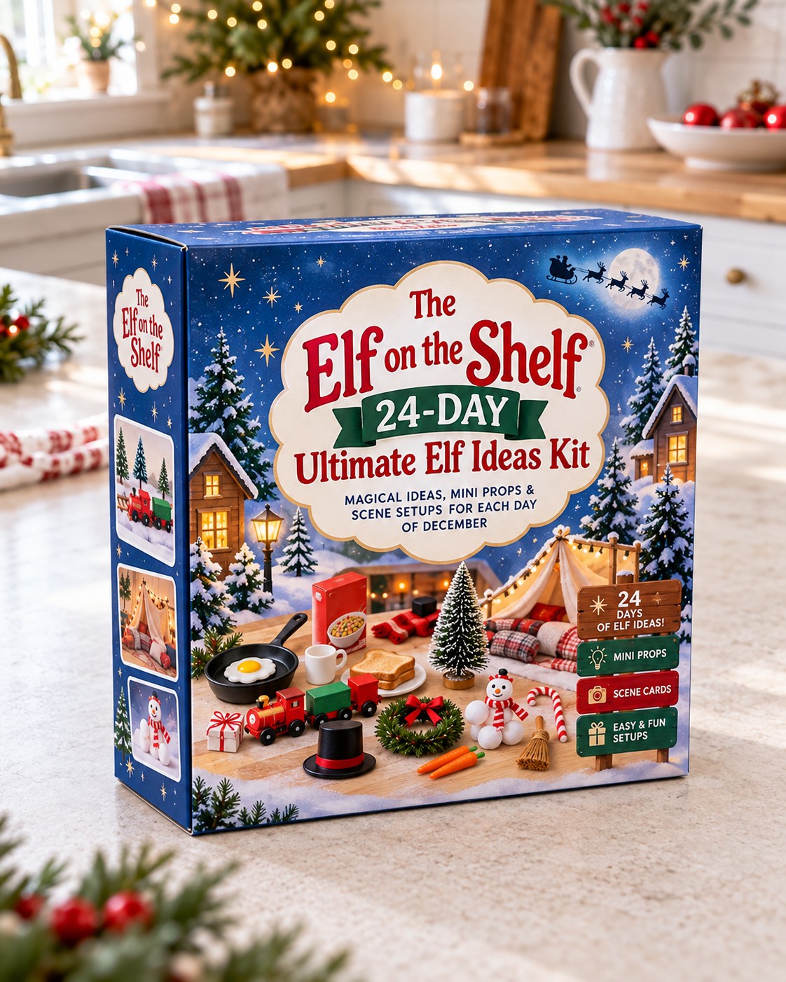The Elf on the Shelf 24-Day Ultimate Kit: What’s Included and How to Use It 2 Illustrative blue box for a 24-day Elf scene kit sitting on a kitchen worktop