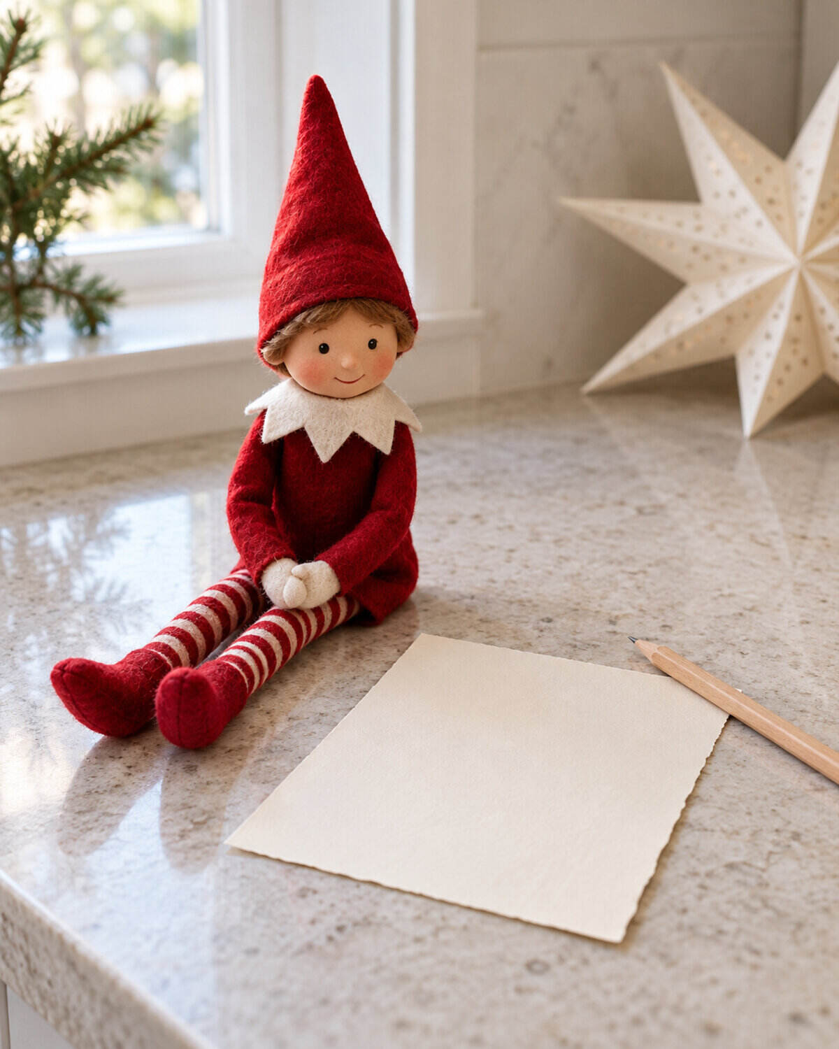 Why Didn't the Elf on the Shelf Move? 14 Easy Answers and Quick Notes 4 Red Christmas elf doll beside a blank note and pencil on a pale stone counter