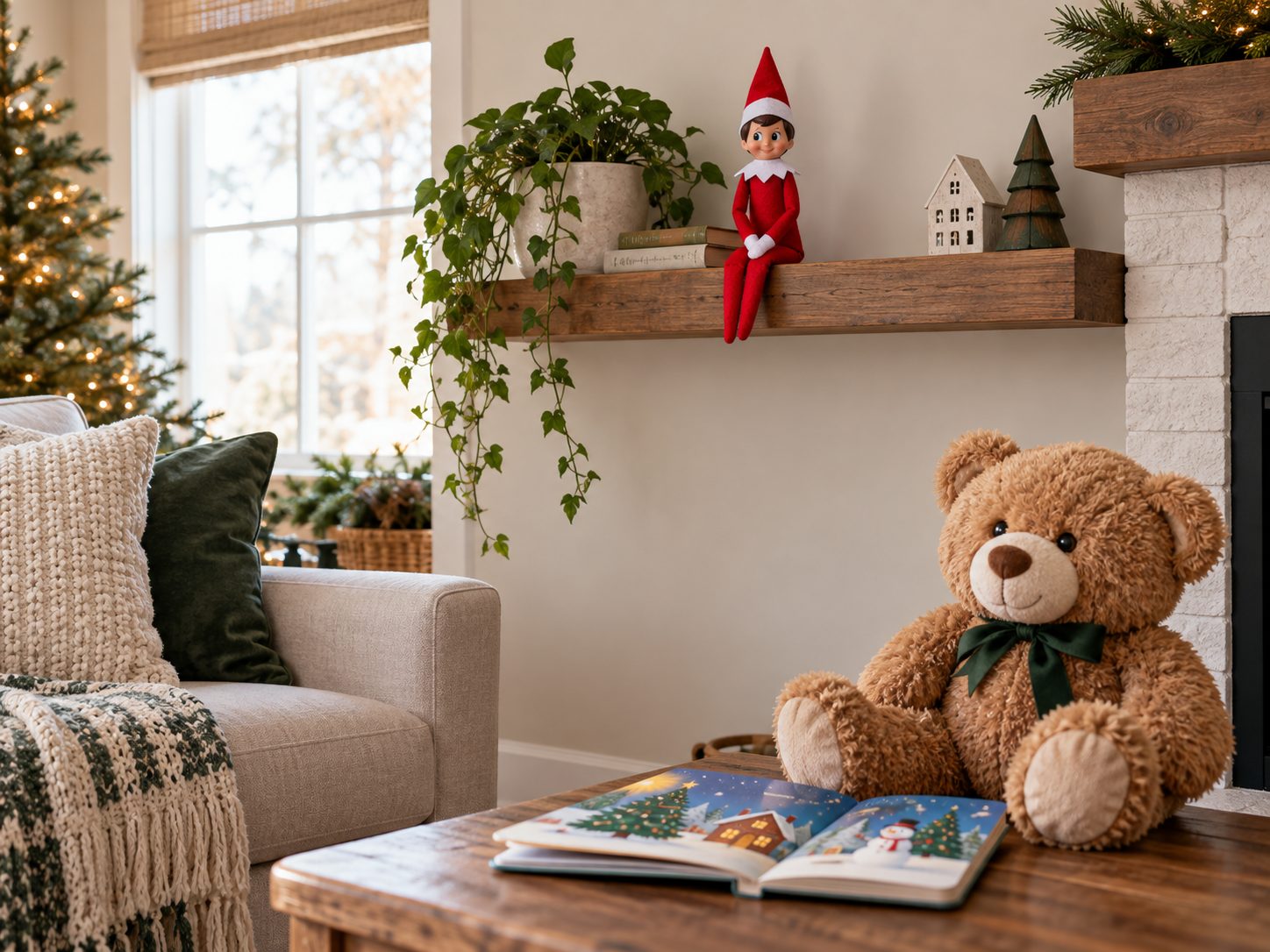 A Scout Elf safely placed on a stable shelf above a board book and large plush toy