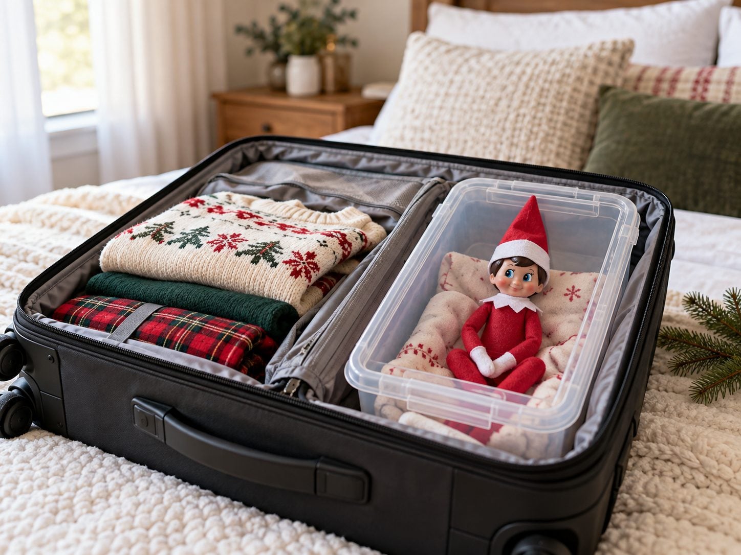 Elf on the Shelf packed safely in a clear travel container beside a holiday suitcase